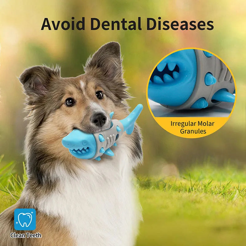 Blue, grey, and yellow plastic dog teething toy with shark-tooth texture and venting holes.