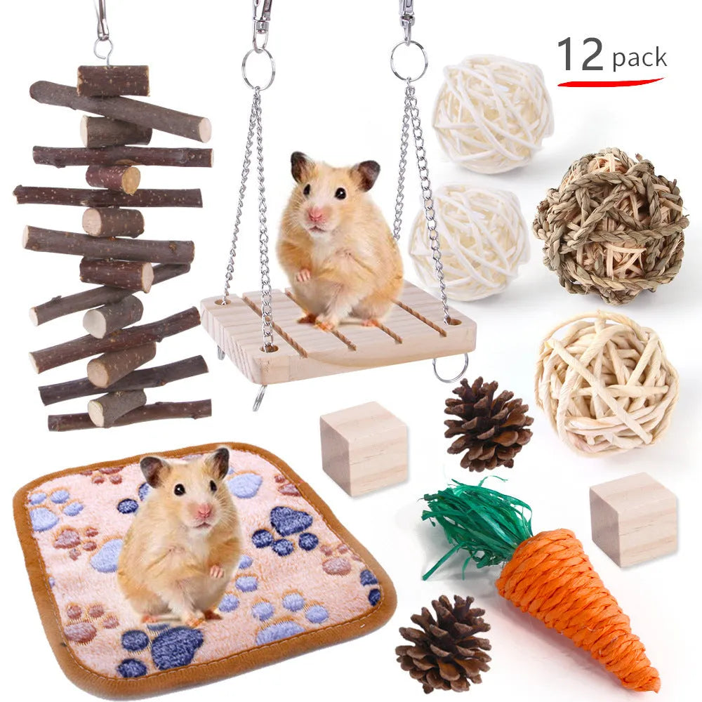 Assorted natural wooden chew toys for small pets including balls, rings, and mats on a plain background.
