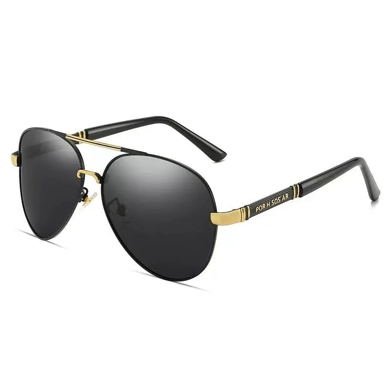 Men's polarised sunglasses with metal frame and adjustable nose pads in gold and black colour