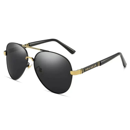 Men's polarised sunglasses with metal frame and adjustable nose pads in gold and black colour