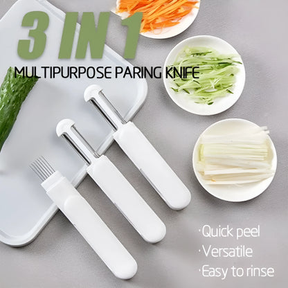 White multifunctional rotary kitchen peeler with stainless steel blade and ergonomic PP handle.