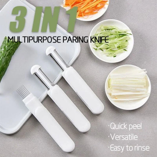 3-in-1 Multifunctional Rotary Paring Knife with stainless steel blade and white handle