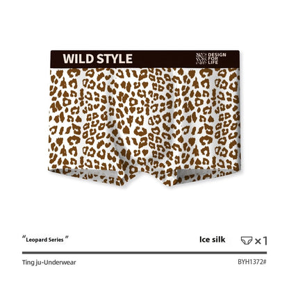 Men's leopard print polyester underwear trunks in mid waist style on a white background.