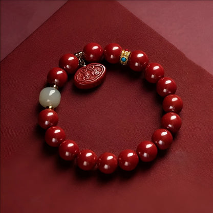 Natural cinnabar emperor sandstone bracelet with Ping An Fu Lu design in 8mm or 10mm size