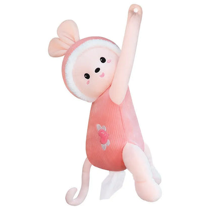 Plush animal design tissue box holder mounted on back of car seat