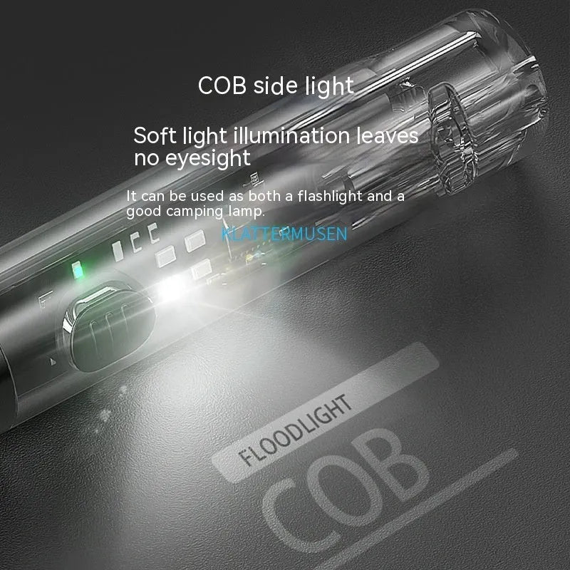 Black plastic USB rechargeable handheld flashlight with charging cable.