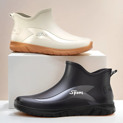 Men's short PVC rubber boots in beige, black, and black-red colours with a non-slip flat sole.