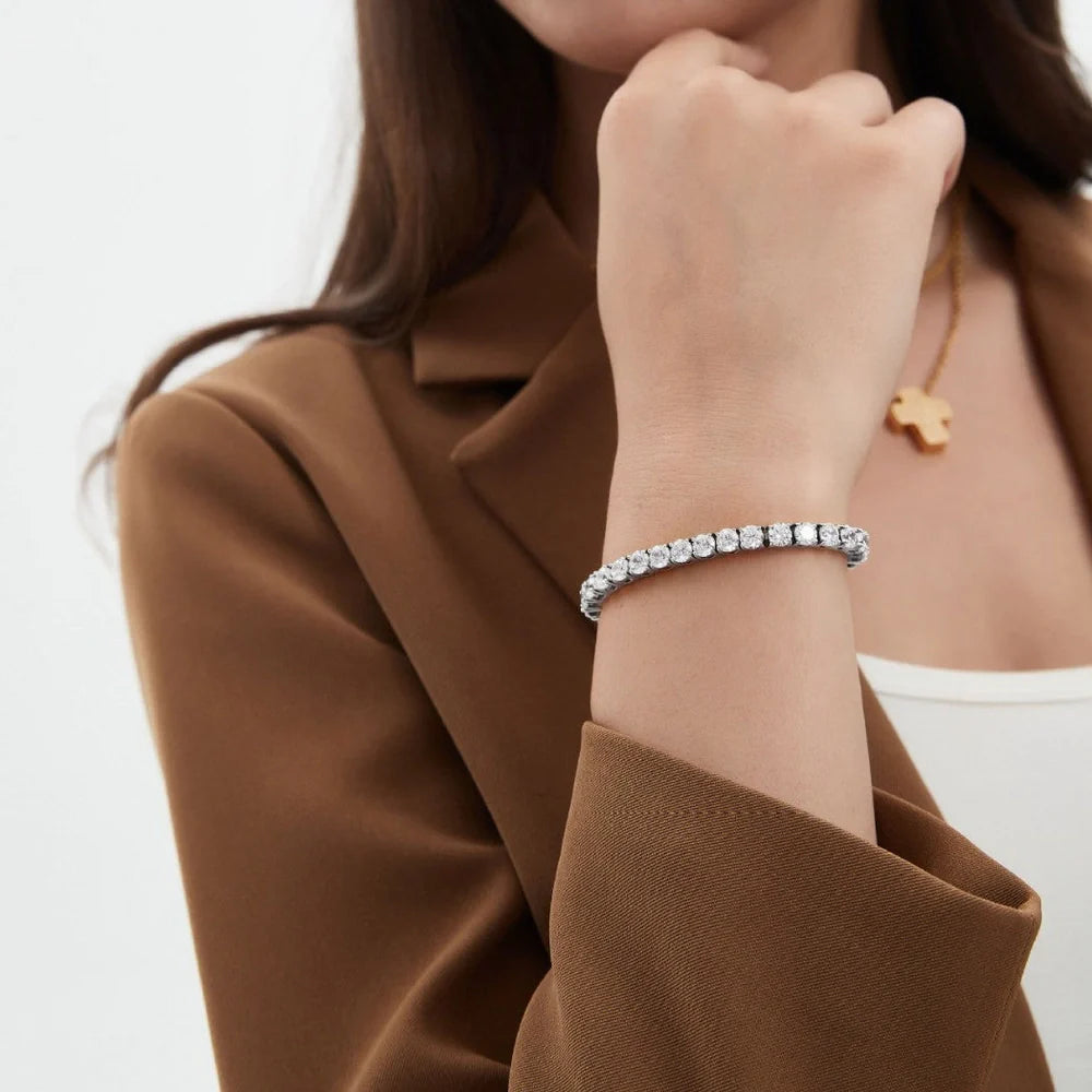 Stainless steel mesh ball chain necklace and bracelet set with geometric design and 3mm zircon inlay