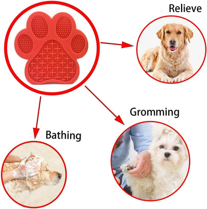 Bone-shaped blue silicone dog licking mat with suction cups on a tile surface
