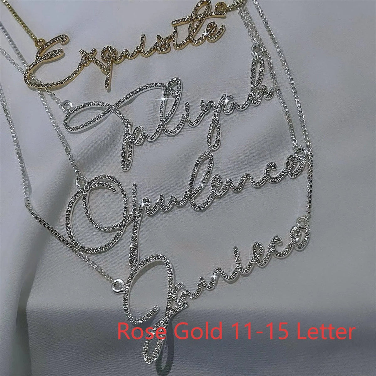 Personalised diamond-studded letter name necklace in stainless steel with silver chain