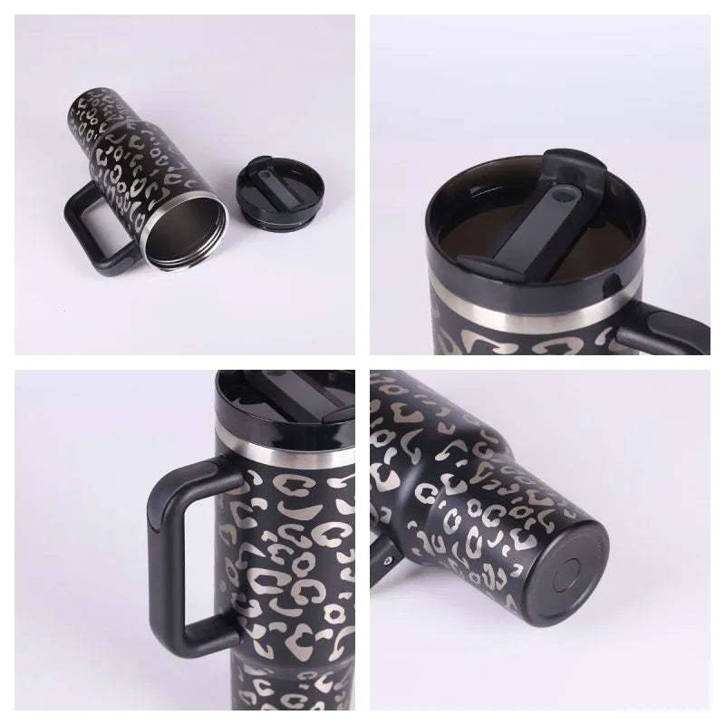 40oz stainless steel tumbler with handle and straw in various colour options showing tapered shape and spill-proof lid