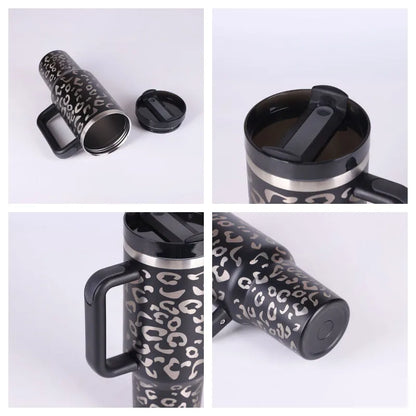 40oz stainless steel tumbler with handle and straw in various colour options showing tapered shape and spill-proof lid