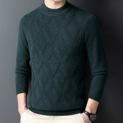 Men's thick winter pullover sweater with diamond jacquard pattern in a light camel colour.