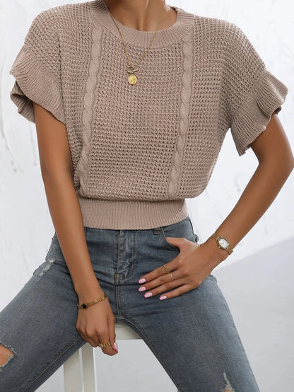 Loose round neck knitted pullover sweater with twisted string ruffled short sleeves in dark brown.