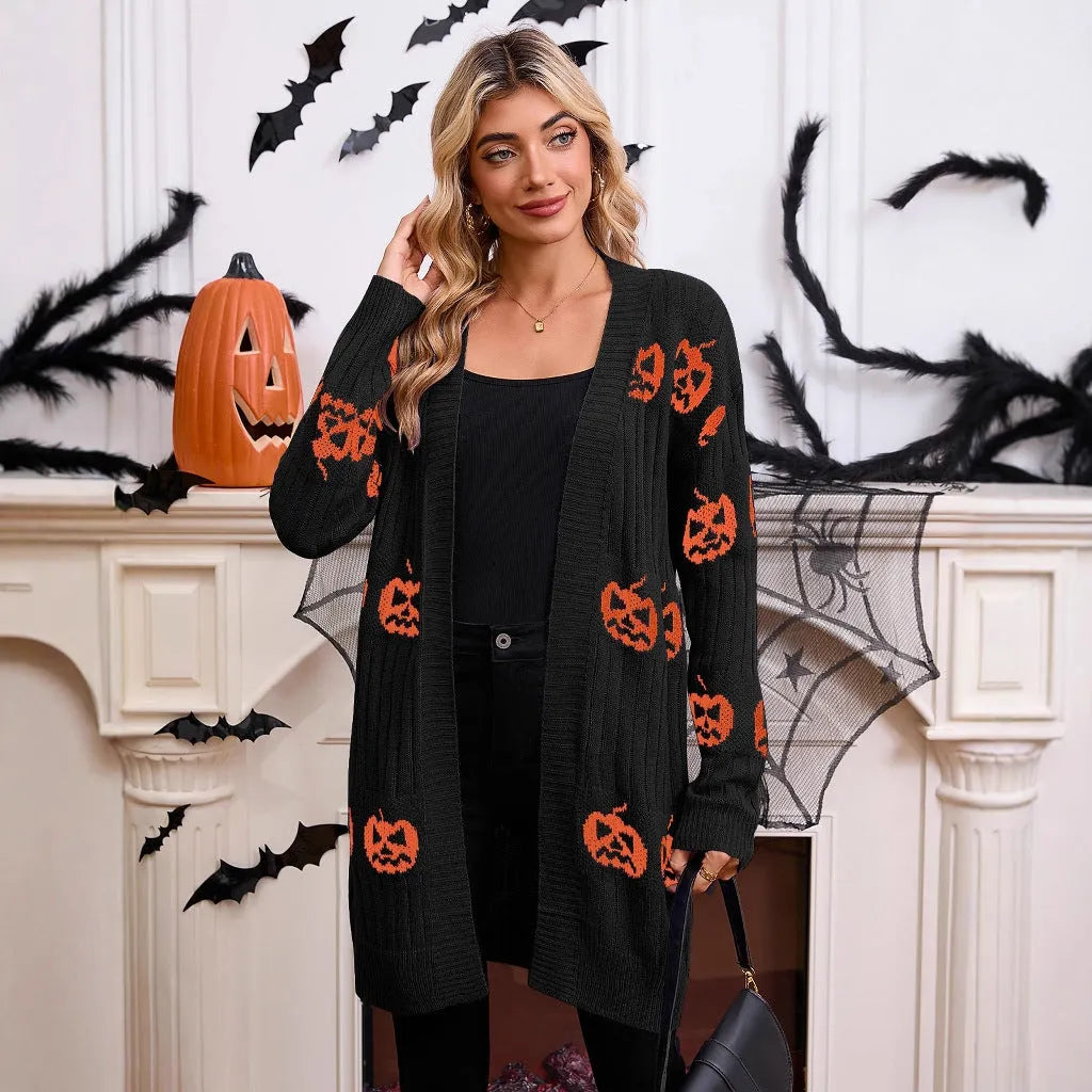 Women's black Halloween cardigan with orange pumpkin head jacquard pattern, regular sleeves, medium 65cm length