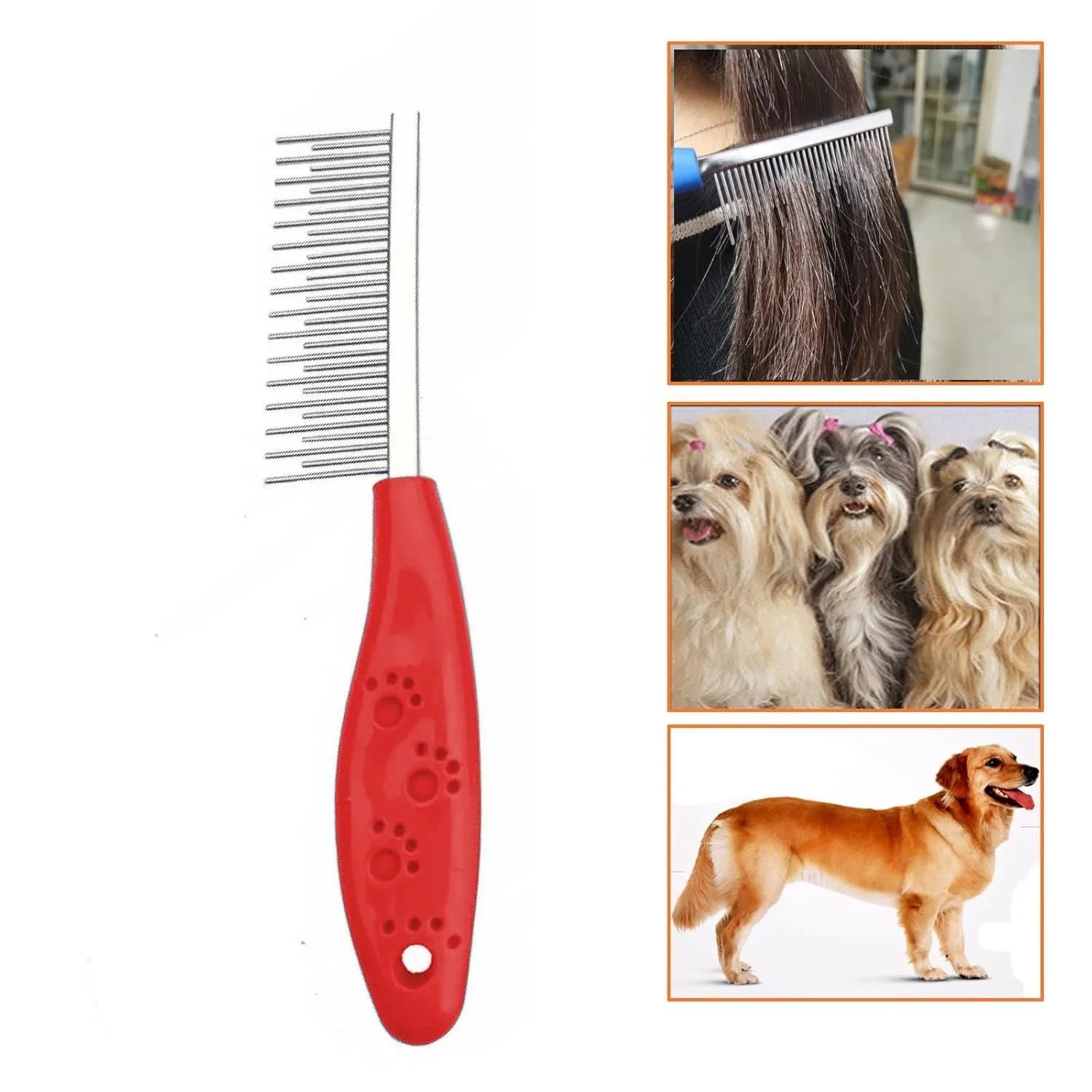 Red stainless steel pet comb with dual-length teeth and plastic handle for dematting dog and cat fur.
