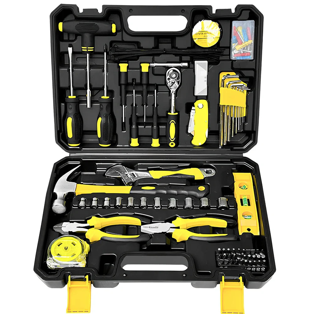 108-piece carbon steel toolbox set with wrenches, screwdrivers, pliers, and tape measure for household and car repairs