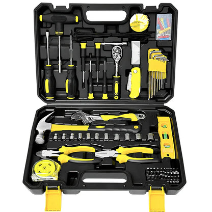 108-piece carbon steel toolbox set with wrenches, screwdrivers, pliers, and tape measure for household and car repairs