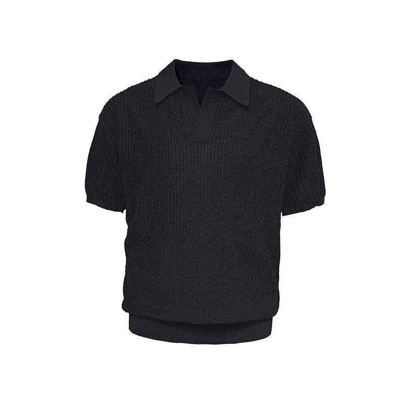 Short sleeve men's polo shirt in grey with striped collar, shown on a hanger.