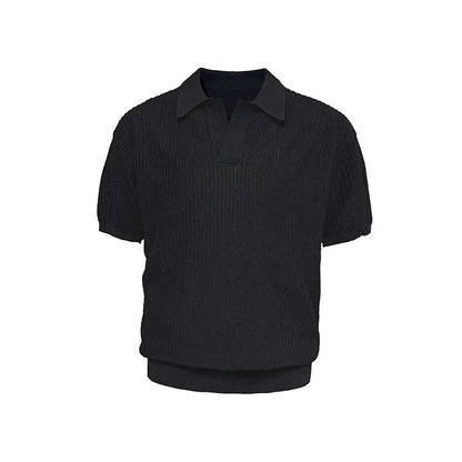 Short sleeve men's polo shirt in grey with striped collar, shown on a hanger.
