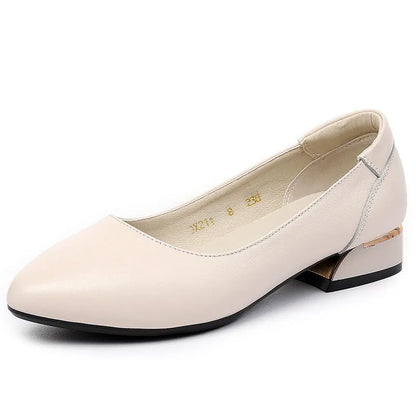 Beige cowhide flat pointed casual low-cut shoes with a buckle fastening and rubber sole