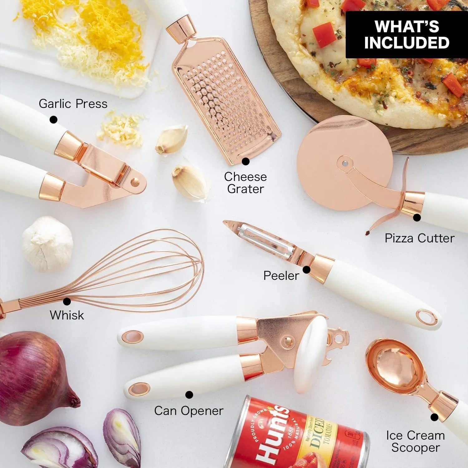 Stainless steel kitchen gadgets 7 piece set showing various bottle openers in a minimalist box