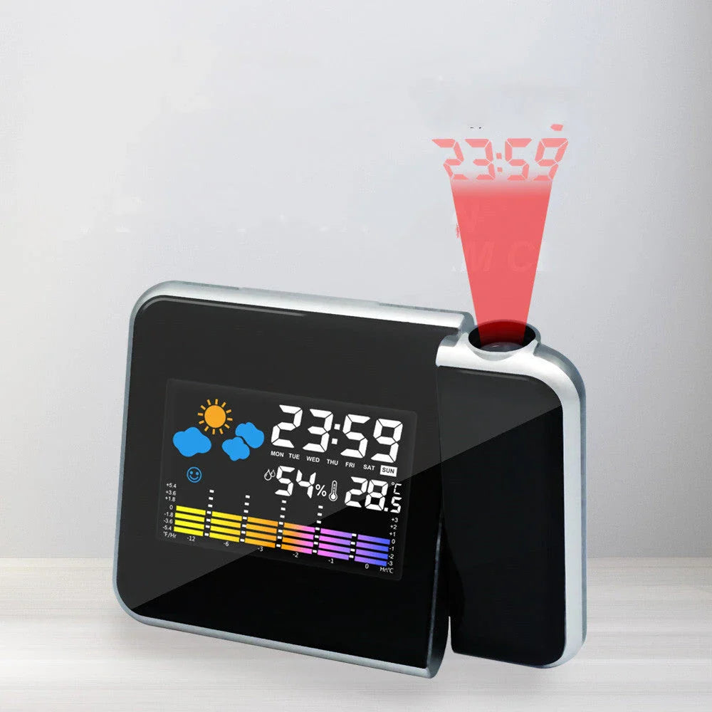 Multifunctional digital weather station alarm clock with time projection, temperature and humidity display, and weather forecast