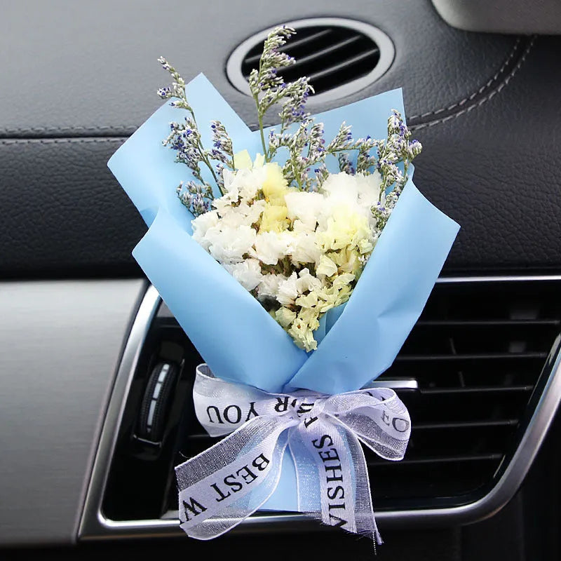 Dried flower car air freshener set with colourful bouquet and fragrance strips for air conditioning vents