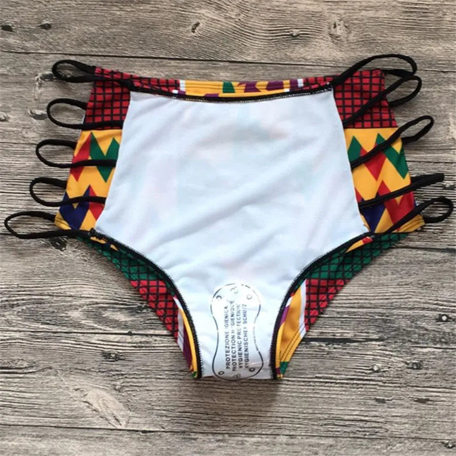 Women's digital print high-waisted bikini set with backless top and split briefs.