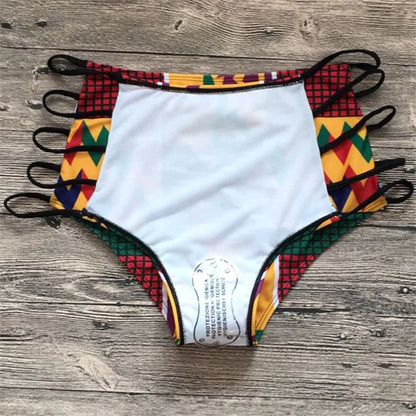 Women's digital print high-waisted bikini set with backless top and split briefs.