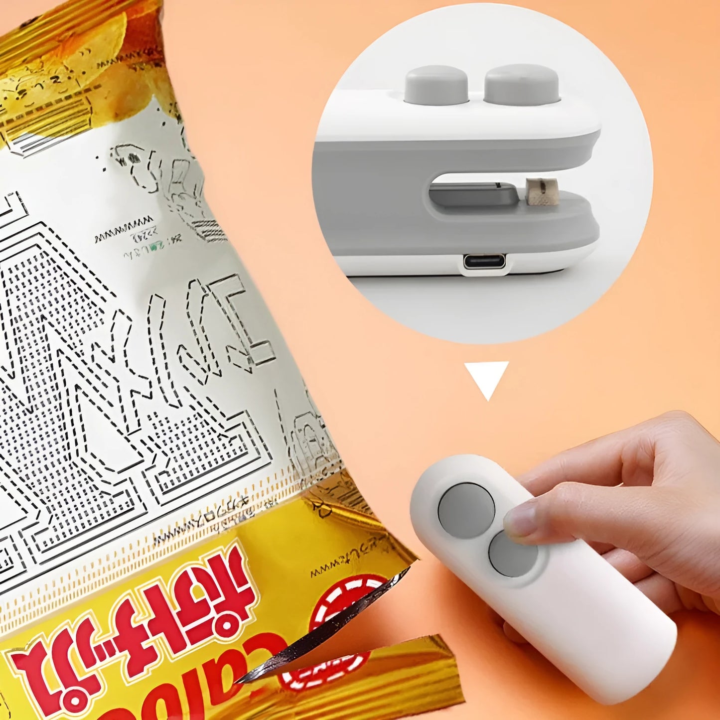 Handheld white portable heat sealer with USB Type-C port and magnetic back on a metal surface.