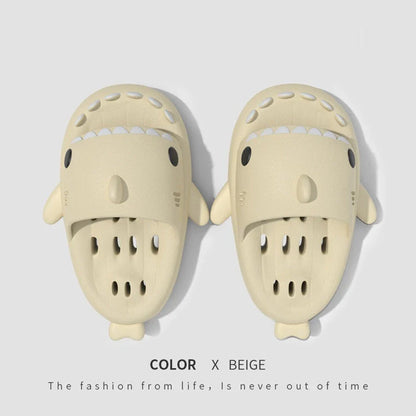 Stylish shark-themed shower slides with drainage holes and non-slip soles, made of lightweight and quick-drying EVA material