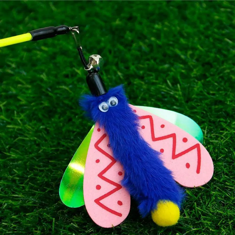 Cat wand toy with dragonfly attachment and bell on 49 cm blue ABS stick