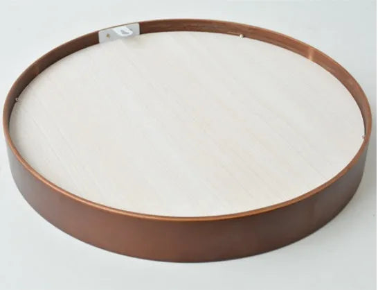 Round solid wood hanging mirror with walnut finish and float silver surface, 30cm diameter