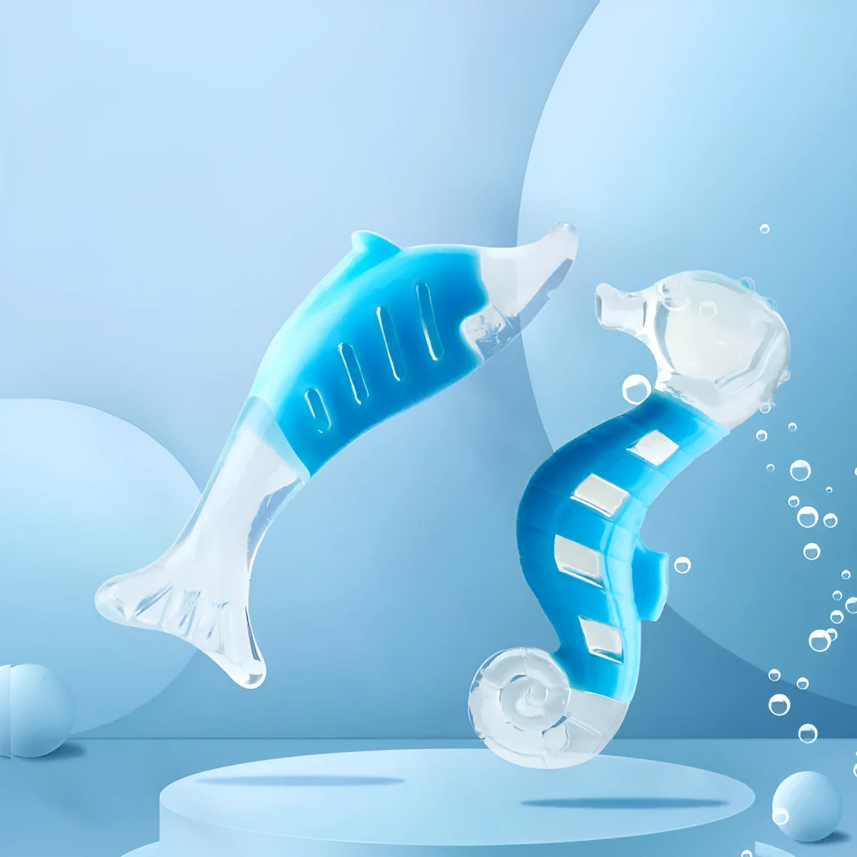 Two PU nylon dog chew toys: one seahorse shape and one tuna shape, on a white background.