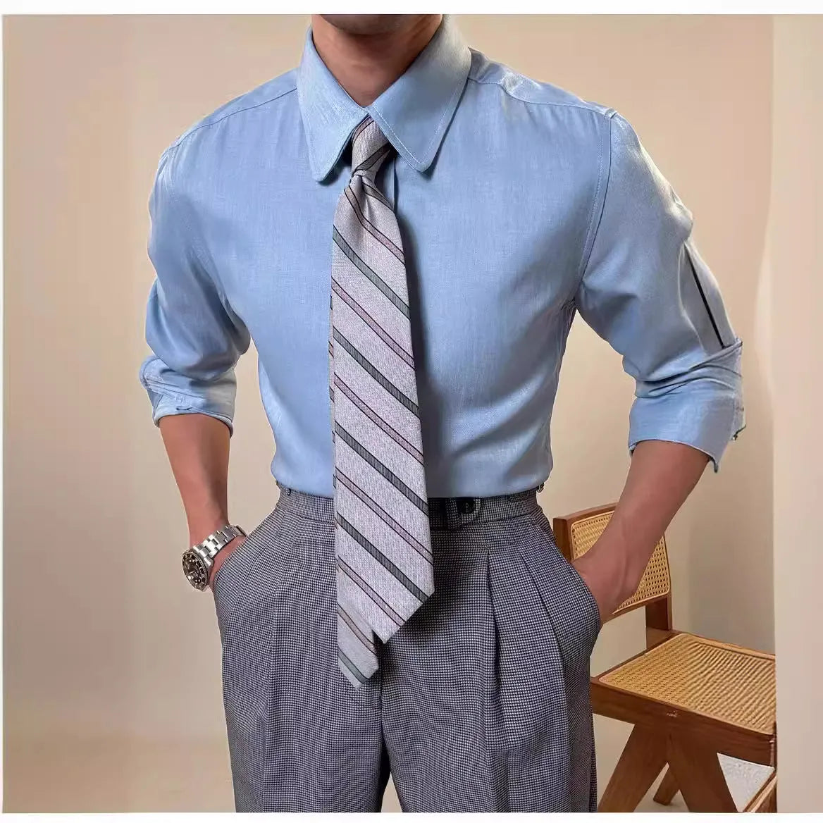 Men's round collar long sleeve shirt in slim fit available in sky blue and denim blue colours