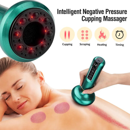 Green electric vacuum cupping massager with adjustable suction and infrared heating functions