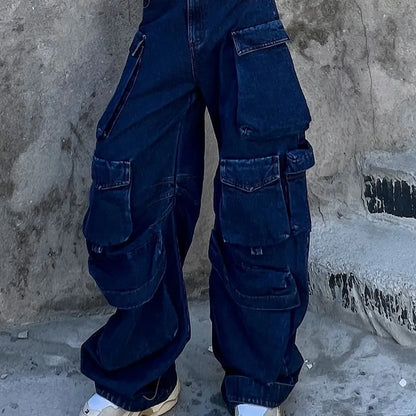 Dark blue distressed wide-leg women's jeans with high waist and multiple pockets on cotton denim fabric