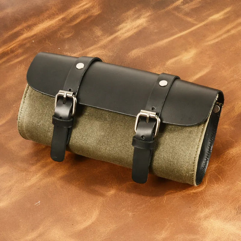 Camel Bag Knight cotton messenger bag in army green, showing main compartment, front flap, and internal document sleeve.