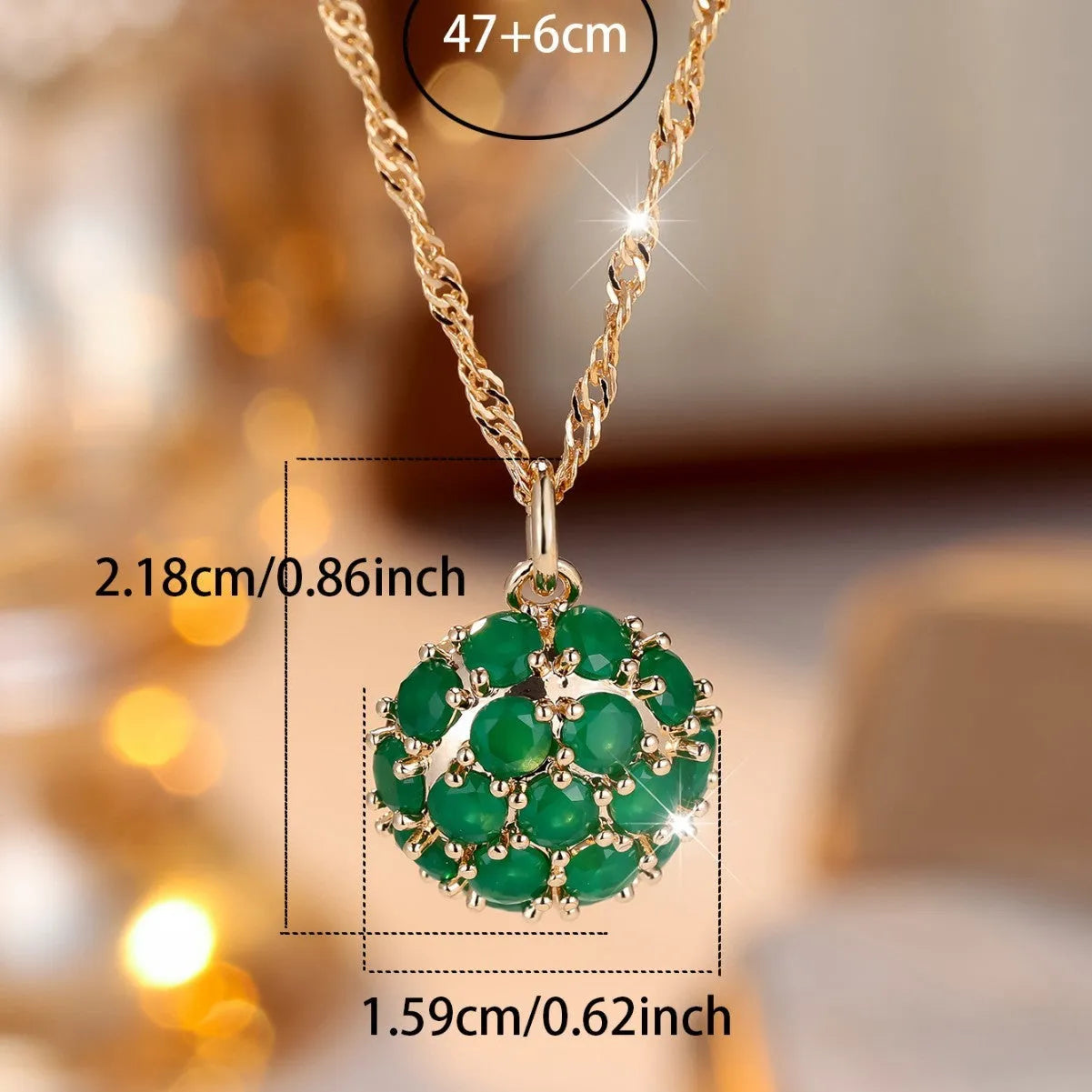 Golden green emerald diamond necklace with adjustable chain and geometry pendant