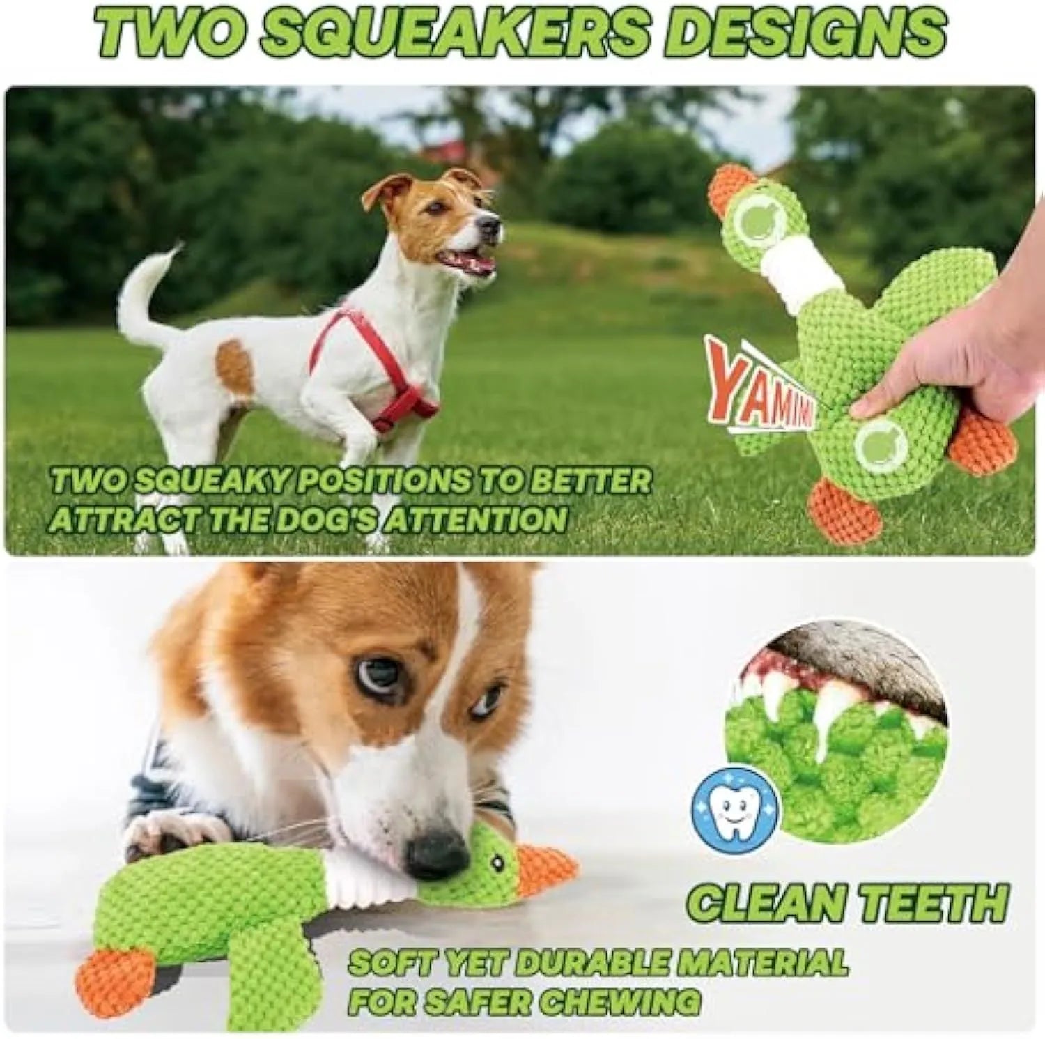 Blue duck-shaped dog plush toy with two squeakers for dental cleaning, 33 cm by 10 cm