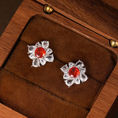 Silver retro geometric women's earrings with diamond red pigeon design and white gold colour finish
