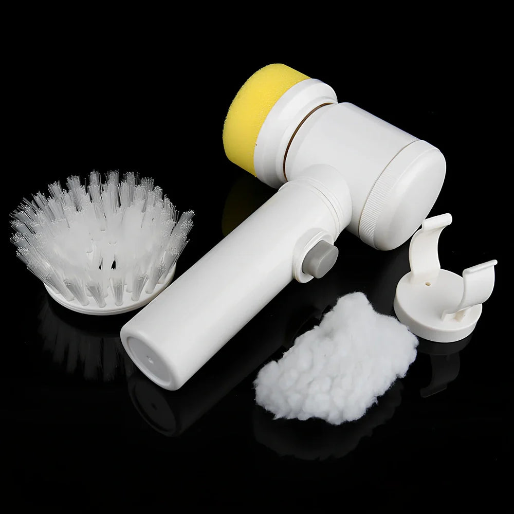 Electric cleaning brush with five interchangeable heads and rechargeable battery for kitchen and bathroom surfaces