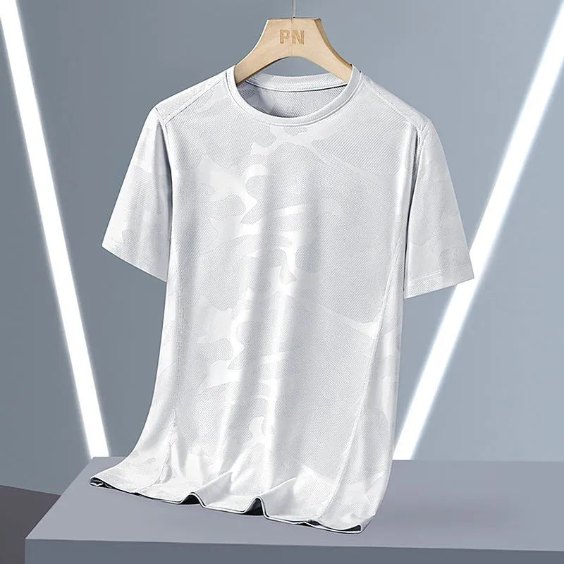 Men's camouflage pattern quick-dry summer top in nylon fabric with round neck and short sleeves