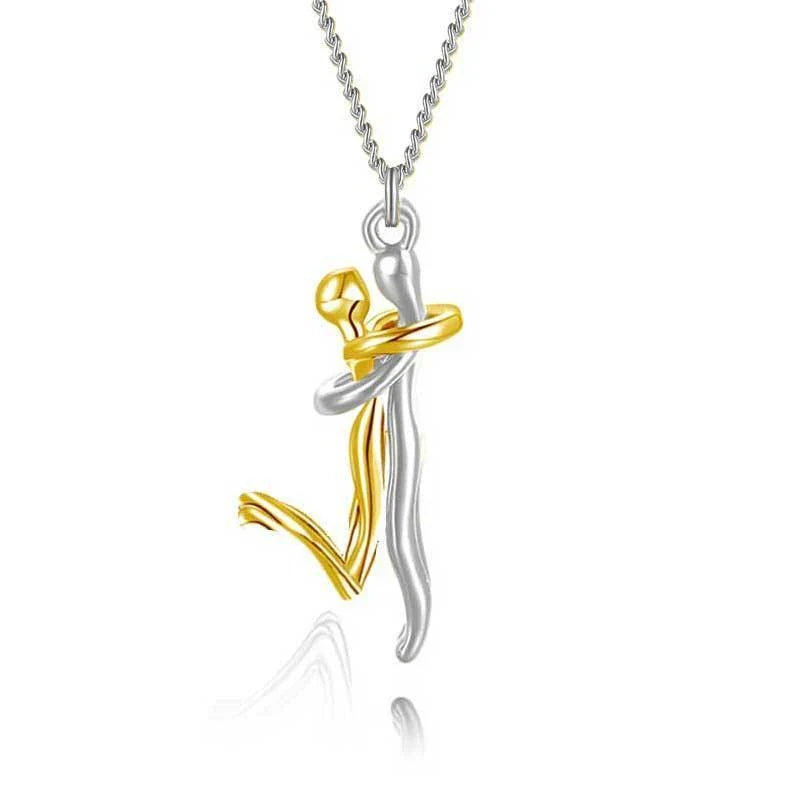 Elegant 18K plated love hug necklace with charming embrace-shaped pendant and delicate cross-chain design