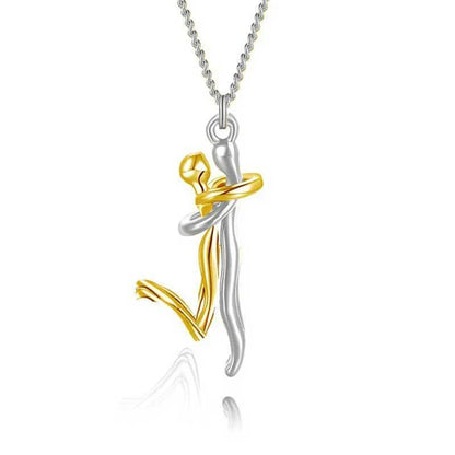 Elegant 18K plated love hug necklace with charming embrace-shaped pendant and delicate cross-chain design