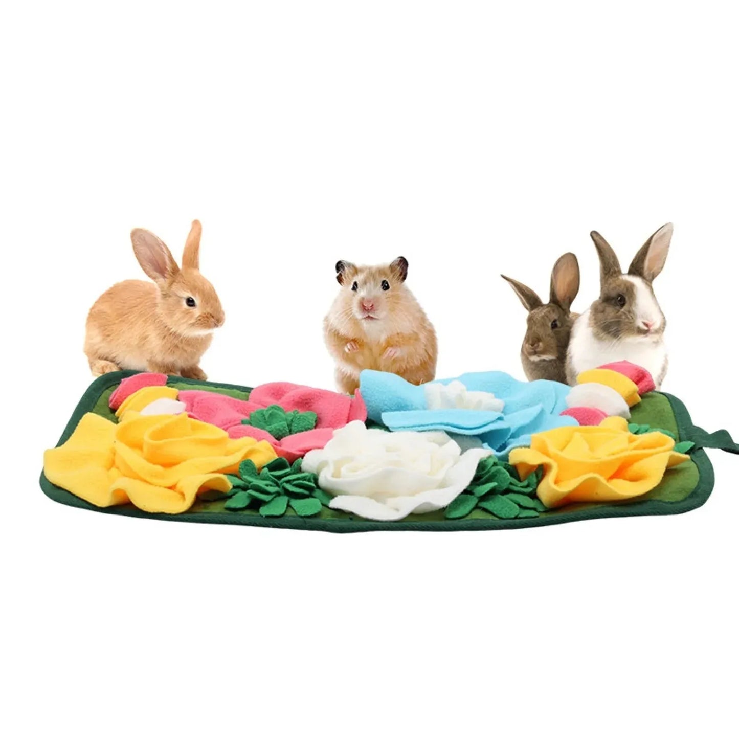 Grey square woven foraging mat for rabbits and guinea pigs on a neutral background.