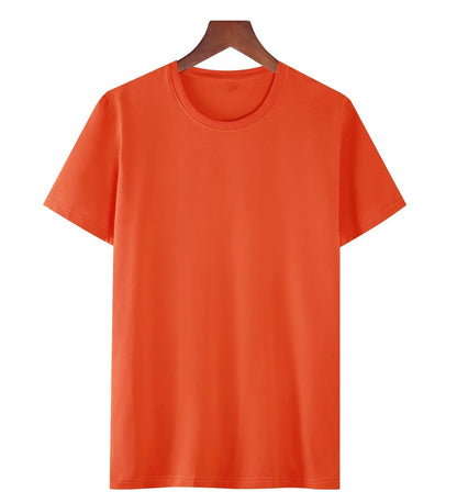 A man's loose-fitting black cotton T-shirt with short sleeves on a hanger.