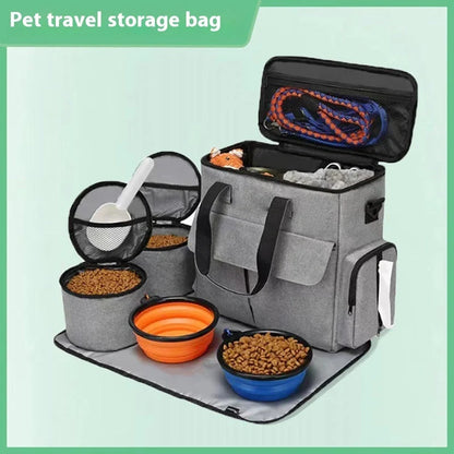 Gray dog travel bag kit with removable divider and multiple carrying options