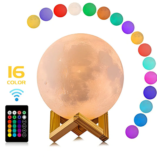 3D printed moon night table lamp on wooden holder, remote showing 16-colour options, 15cm size for bedside use